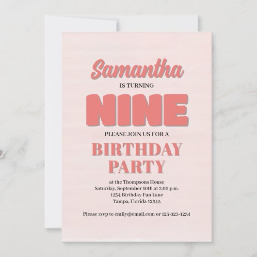 ピンクフローラ第九誕生日ガールパーティーテンプレート 招待状 (正面)