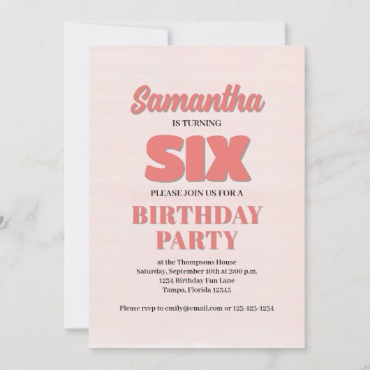 ピンクフローラ第六誕生日ガールパーティーテンプレート 招待状 (正面)