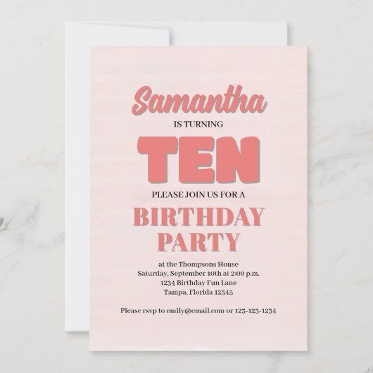 ピンクフローラ第十誕生日ガールパーティーテンプレート 招待状 (正面)