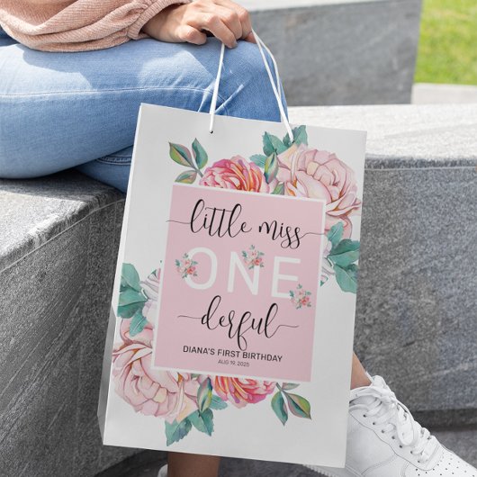 ピンクフローラ第1誕生日 ミディアムペーパーバッグ