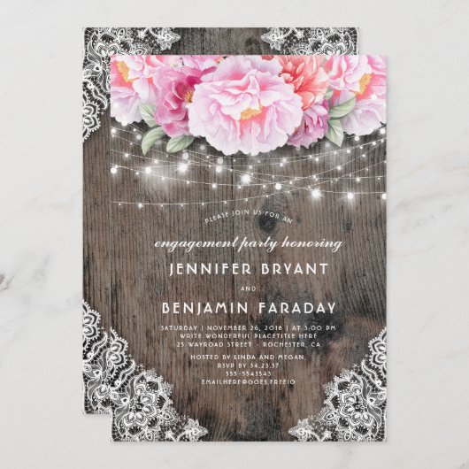 ピンクフローラ素朴ウッドレース婚約パーティ 招待状 (正面/裏面)