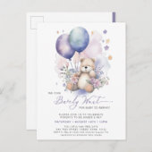 ピンクフローラ紫色バルーンベアーガールベビーシャワー インビテーションポストカード (正面/裏面)