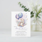 ピンクフローラ紫色バルーンベアーガールベビーシャワー インビテーションポストカード (スタンド正面)