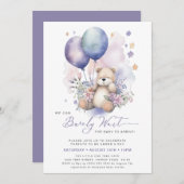 ピンクフローラ紫色バルーンベアーガールベビーシャワー 招待状 (正面/裏面)