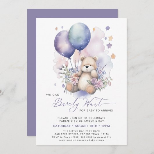 ピンクフローラ紫色バルーンベアーガールベビーシャワー 招待状 (正面/裏面)