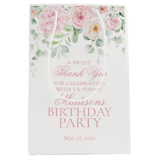 ピンクフローラ紫陽花ボタニカル誕生日のお願い ミディアムペーパーバッグ (正面)