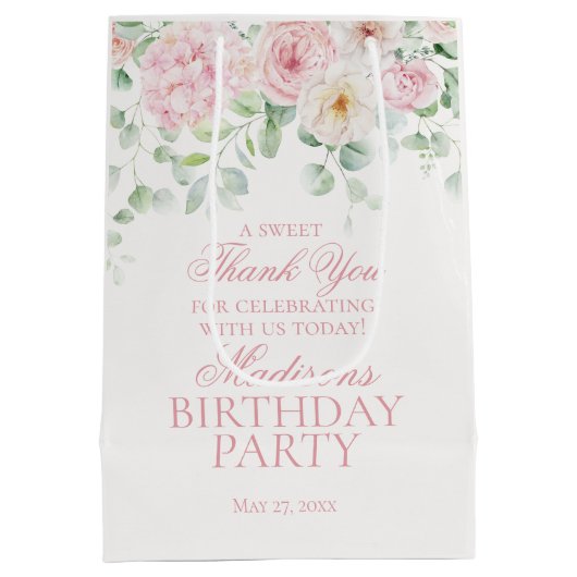 ピンクフローラ紫陽花ボタニカル誕生日のお願い ミディアムペーパーバッグ (裏面)