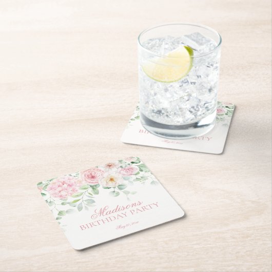 ピンクフローラ紫陽花ボタニカル開花誕生日 スクエアペーパーコースター (インサイチュ)