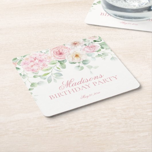 ピンクフローラ紫陽花ボタニカル開花誕生日 スクエアペーパーコースター (アングル)