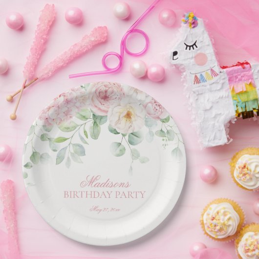 ピンクフローラ紫陽花ボタニカル開花誕生日 ペーパープレート (パーティー)