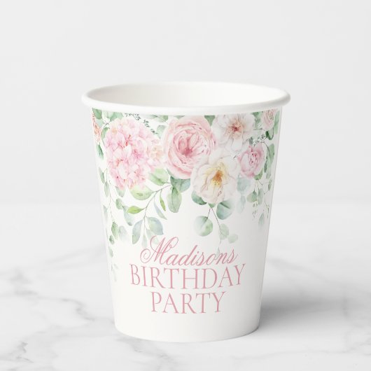 ピンクフローラ紫陽花ボタニカル開花誕生日 紙コップ (裏面)