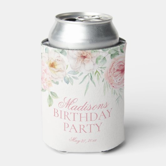 ピンクフローラ紫陽花ボタニカル開花誕生日 缶クーラー (缶正面)