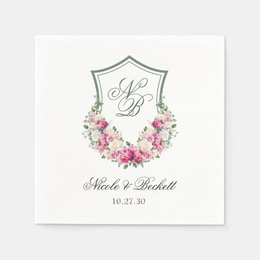 ピンクフローラ結婚クレスト スタンダードカクテルナプキン (正面)
