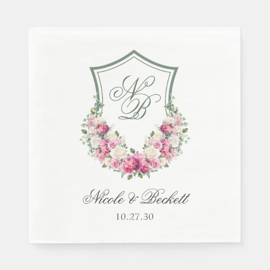 ピンクフローラ結婚クレスト スタンダードランチョンナプキン (正面)