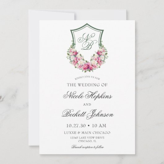 ピンクフローラ結婚クレスト 招待状 (正面)