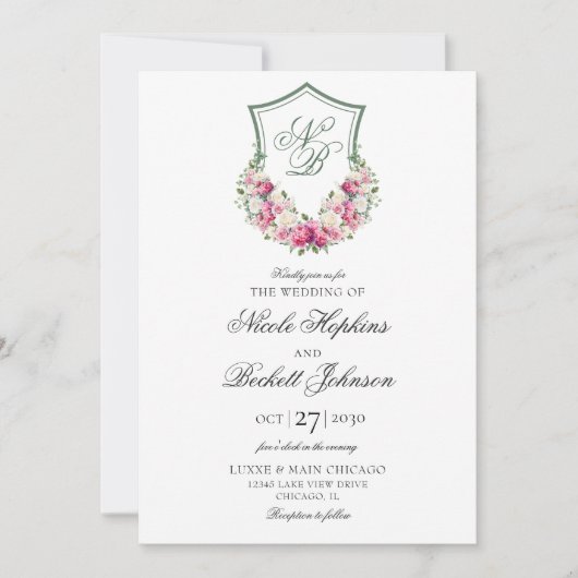 ピンクフローラ結婚クレスト 招待状 (正面)