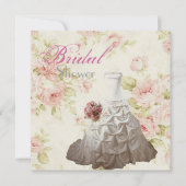 ピンクフローラ結婚ズガウンブライダルシャワーティーパーティー 招待状 (正面)