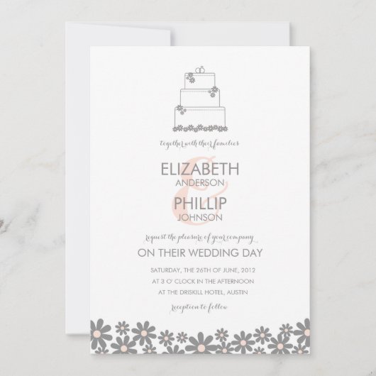 ピンクフローラ結婚ズケーキ招待状 招待状 (正面)