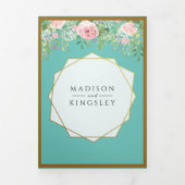 ピンクフローラ結婚ティール（緑がかった色）のエレガントFab 三つ折り招待状 (カバー)