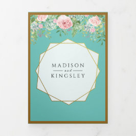 ピンクフローラ結婚ティール（緑がかった色）のエレガントFab 三つ折り招待状