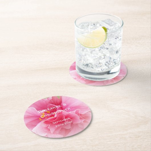ピンクフローラ結婚デザイン ラウンドペーパーコースター (インサイチュ)