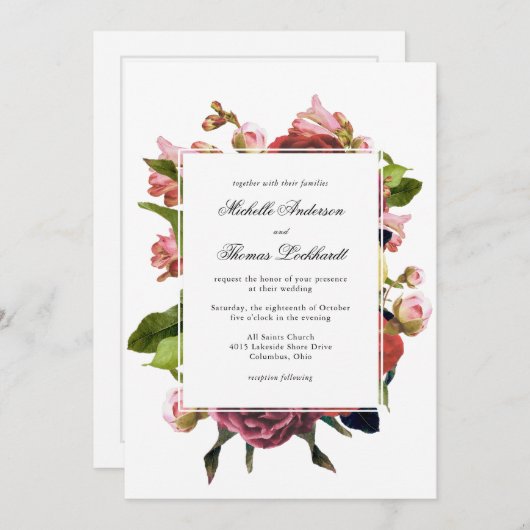 ピンクフローラ結婚ブーケ 招待状 (正面/裏面)