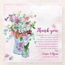 ピンクフローラ結婚ワイルドフラワーの感謝メッセージ ガラスコースター