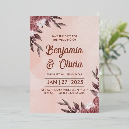 ピンクフローラ結婚式招待状 箔招待状 (立ち正面)