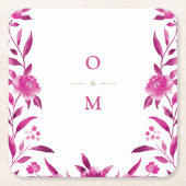 ピンクフローラ結婚Chinoiserieのモノグラム スクエアペーパーコースター (正面)