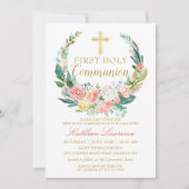 ピンクフローラ緑のリースファーストホーリーコミュニオン 招待状 (正面)
