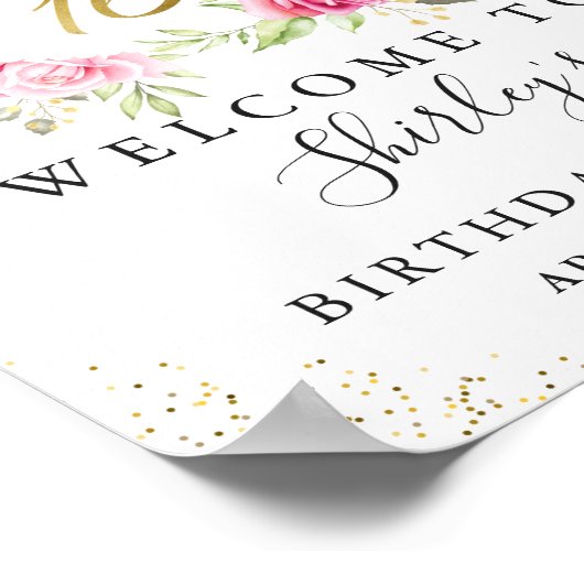 ピンクフローラ緑の金ゴールドスクリプトスウィート16誕生日 ポスター (角)