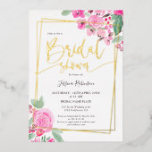 ピンクフローラ緑化金ゴールドスクリプトブライダルシャワー 箔招待状 (正面)