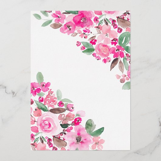 ピンクフローラ緑化金ゴールドスクリプトブライダルシャワー 箔招待状 (裏面)