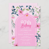 ピンクフローラ緑青ガーリー植物第97誕生日 招待状 (正面/裏面)