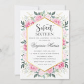 ピンクフローラ緑Sweet sixteen16誕生日 招待状 (正面)