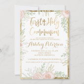 ピンクフローラ縁ど金ゴールド第1聖餐式 招待状 (正面)