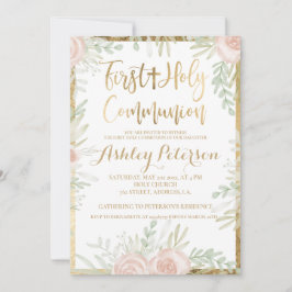 ピンクフローラ縁ど金ゴールド第1聖餐式 招待状