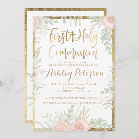 ピンクフローラ縁ど金ゴールド第1聖餐式 招待状 (正面/裏面)