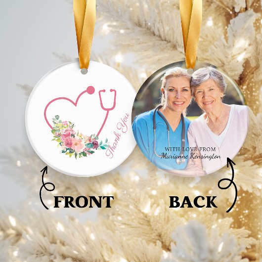 ピンクフローラ聴診器ハートナースサンキュー写真 セラミックオーナメント