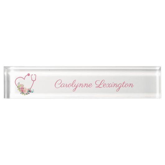 ピンクフローラ聴診器ハート医用ナース医 デスクネームプレート (正面)