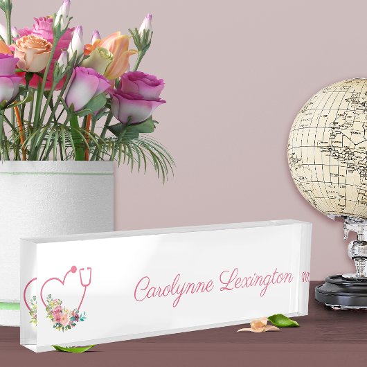 ピンクフローラ聴診器ハート医用ナース医 デスクネームプレート