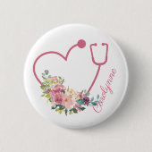 ピンクフローラ聴診器ハート医療ナース 缶バッジ (正面)