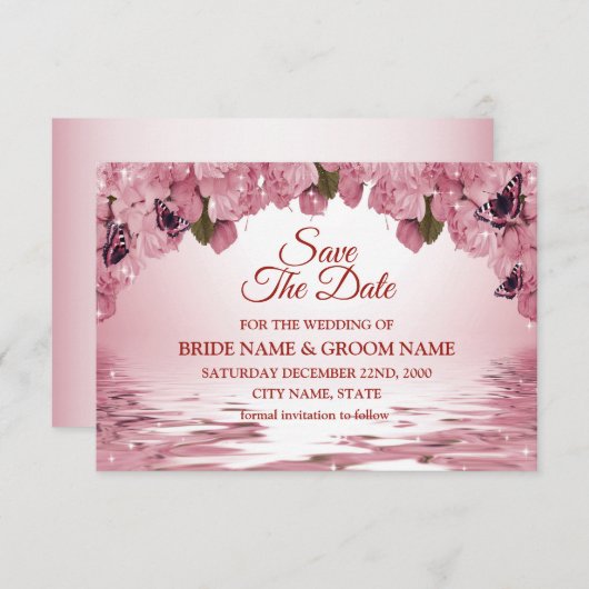 ピンクフローラ自然バタフライ結婚アウトドア セーブザデート (正面/裏面)