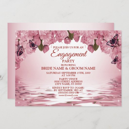 ピンクフローラ自然蝶婚約パーティ 招待状 (正面/裏面)