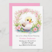 ピンクフローラ至福のアヒル女の子ベビーシャワー 招待状 (正面/裏面)