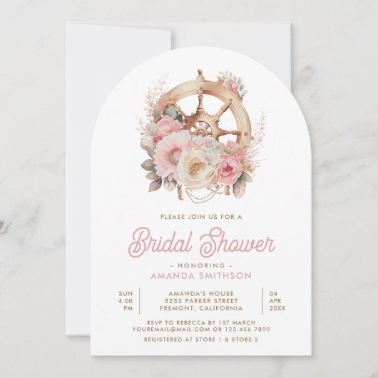 ピンクフローラ船航海の輪アーチブライダルシャワー 招待状 (正面)