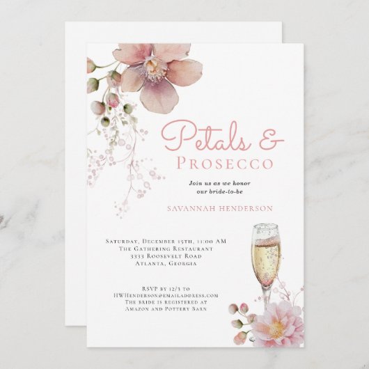 ピンクフローラ花びらとプロセッコブライダルシャワー 招待状 (正面/裏面)