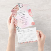 ピンクフローラ花びら&プロセッコ夏ブライダルシャワー オールインワン招待状 (貼ってはがせる)