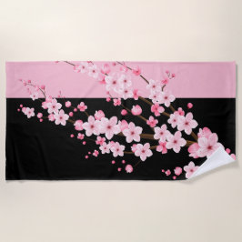 ピンクフローラ花黒&ピンクタオル ビーチタオル