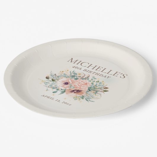 ピンクフローラ葉グリッター40歳の誕生日 ペーパープレート (アングル)